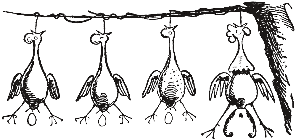 Hahn und Hühner hängen mit langem Hals am Ast und legen ein Ei